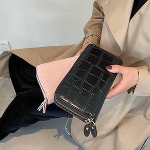 Long stone pattern zipper wallet for women in black and pink with double zip closure