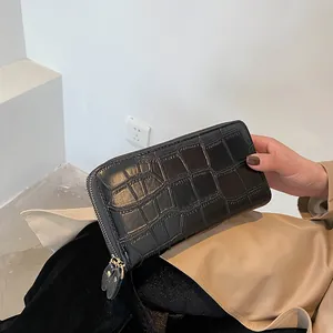 Women's long wallet with black crocodile texture and double zipper hand-held style