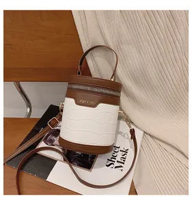 Nahaufnahme der zweifarbigen Zylindertasche mit Krokodilmuster und goldener Hardware