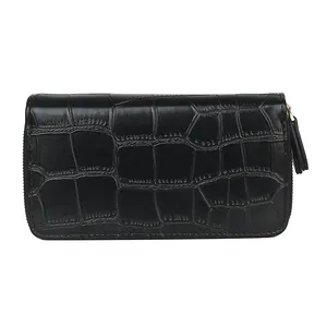 Women's black crocodile pattern long leather wallet with gold zipper and tassel detail