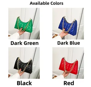 Quilted underarm bag with gold chain strap detail shown in four classic color options