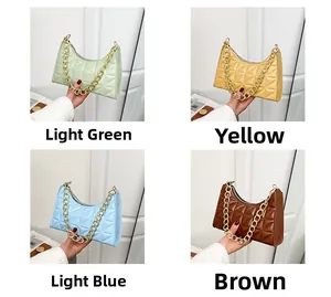 Detailed grid showing four colors of quilted chain bags in green, yellow, blue, and brown