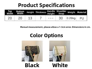 Detailed size specifications and material chart for the quilted chain shoulder bag