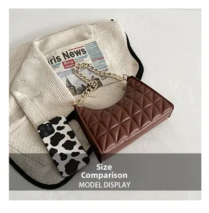 Brown quilted leather bag size comparison with chain strap and vintage texture