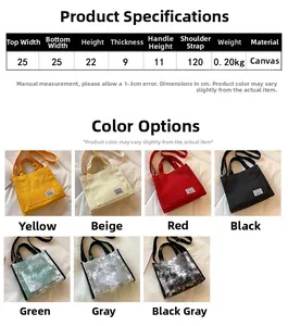Detailed size specifications for a canvas handbag showing dimensions and multi-color options