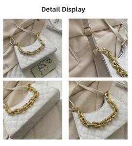 Détails d'un sac bandoulière matelassé blanc avec chaîne dorée et sangle réglable