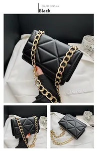 Detailed views of black geometric quilted crossbody bag with chunky gold chain strap