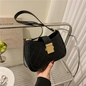 Sac Sous le Bras en Cuir PU Matelassé Tendance pour Femmes Motif Losange Petit Sac à Épaule Carré Avec Serrure en Métal Doré Main