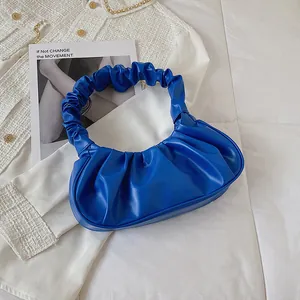 Royal blue cloud ruched underarm bag for women with elegant pleated handle texture