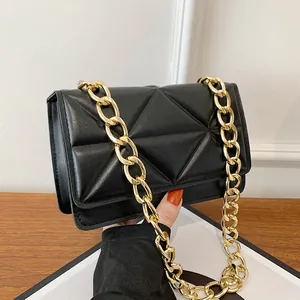 Women Geometric Quilted Small Square Bag Gold Chain Strap PU Leather Crossbody Shoulder Bag Street Fashion Handbag Black White