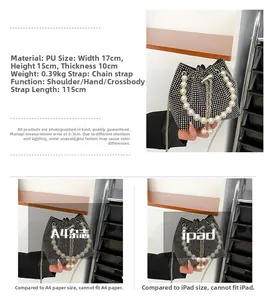 Detailed view of black drawstring bucket bag with shiny rhinestones and pearl handle