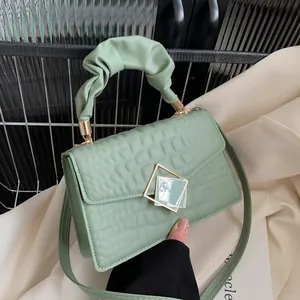 Women Crocodile Pattern PU Leather Small Square Bag With Pleated Handle Gold Metal Buckle Fashion Crossbody Shoulder Bag