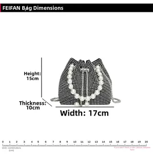 Detailed size chart for rhinestone bucket bag showing height 15cm width 17cm and depth 10cm