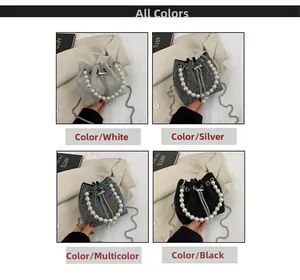 Detail view showing four color variants of rhinestone bucket bags with pearl handles
