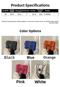 Detailed size specifications and five color variants of quilted crossbody square bags