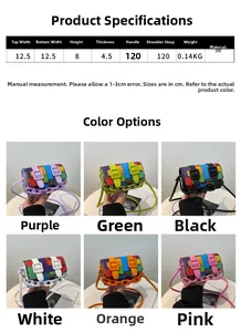 Detailed size chart and dimensions of the mini mosaic PU leather crossbody bag in six colors
