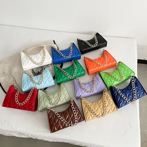 Retro contrast color quilted leather crossbody bags with chunky gold chain handles