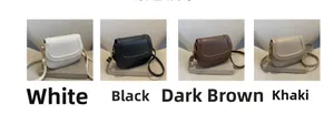 Detail view of small saddle shoulder bags in white, black, brown, and khaki PU leather