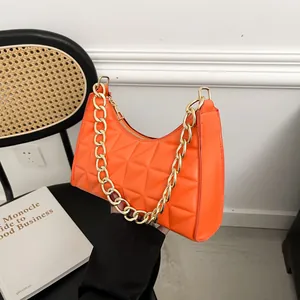 Vintage Quilted PU Leather Underarm Bag For Women Fashion Gold Metal Chain Shoulder Bag Small Square Bag Handbag