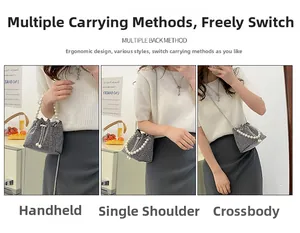 Silver rhinestone bucket bag showing handheld, shoulder and crossbody styling options