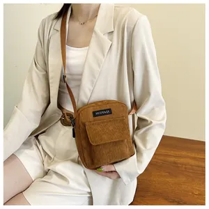 Brown corduroy crossbody bag for women, stylish autumn shoulder bag with adjustable strap