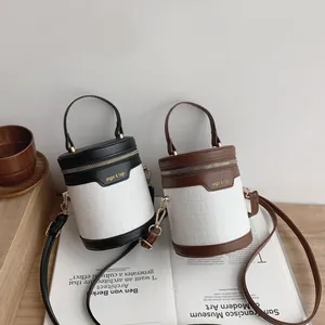 Mode Krokodil Geprägte Zylinder Eimertasche Damen Kontrastfarbe PU Leder Schulter Handtasche Tragbare Umhängetasche
