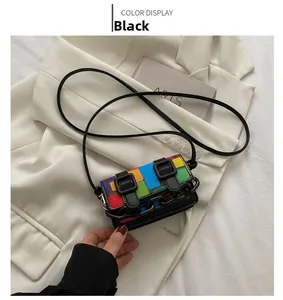 Detail of mini crossbody bag featuring colorful geometric mosaic and black chain