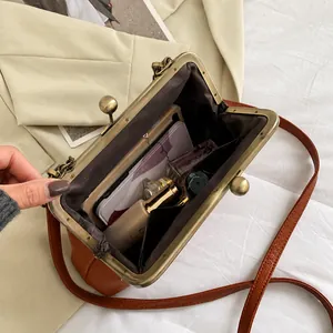 Interior view of brown lychee pattern shell bag showing capacity for phone and cosmetics