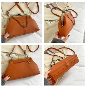 Detailed four-way view of litchi pattern shell bag with bronze clasp and chain strap