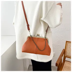 Detail view of orange lychee grain crossbody bag with vintage bronze metal frame