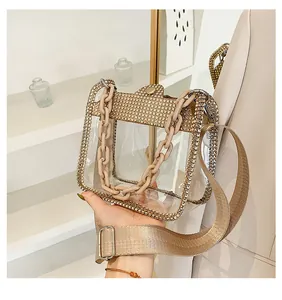 Detail of transparent PVC crossbody bag with champagne rhinestones and chunky chain strap