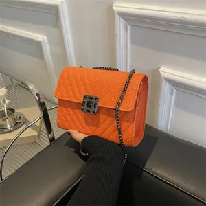 Women's Vintage PU Leather Crossbody Bag With Chevron Quilting Square Gemstone Lock Gunmetal Chain Strap Fashion Square Bag
