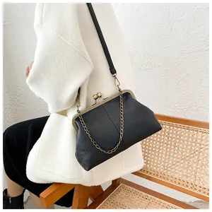 Detail of vintage lychee texture leather crossbody bag with bronze kiss-lock and chain