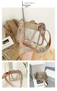 Detail of champagne mini bag with rhinestones, plastic chain and wide fabric strap