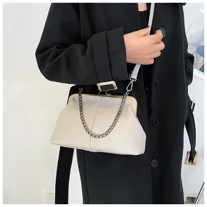 Close-up of beige litchi grain shell bag with metal frame and chain on black coat