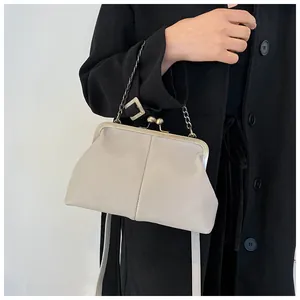 Close-up of a light grey lychee pattern shell bag with vintage metal clip and chain