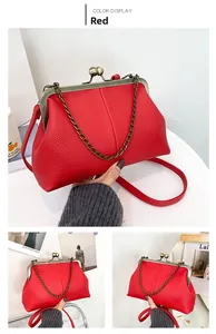Macro shot of red litchi texture leather handbag with vintage bronze kiss-lock closure