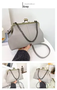 Detail view of grey lychee texture shell bag with vintage gold clasp and chain strap