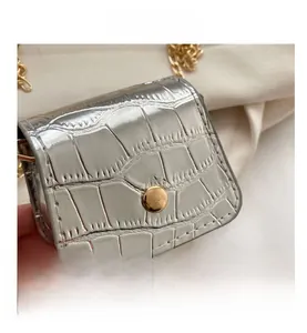 Detail of silver crocodile pattern mini bag with golden buckle and chain strap