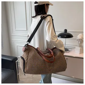 Borsa da Viaggio di Grande Capacità a Pied de Poule per Donna Uomo Borsa da Weekend Retrò in Tessuto di Lana Con Tracolla Regolabile