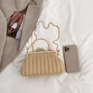 Détail du sac vintage beige avec bandoulière chaîne dorée et poignée en métal sur fond blanc