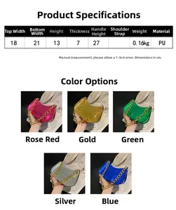 Detailed size specifications for a glossy PU hobo bag with a gold chain strap