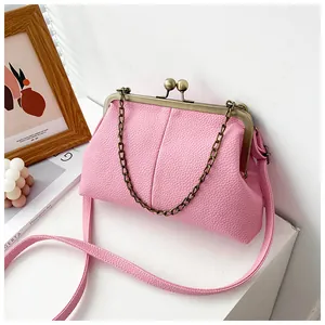 Detailed view of pink shell bag with litchi grain texture and bronze ball clasp closure