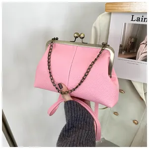 Detailed view of pink lychee leather shell bag with metal clasp and chain strap