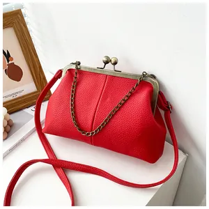Detail of red litchi texture doctor bag with bronze metal clasp and chain strap