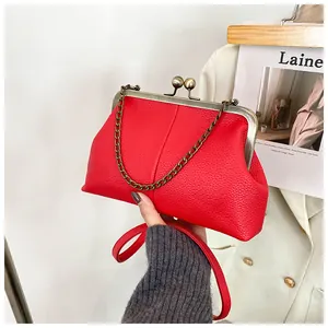 Detail of red lychee textured shell bag with vintage bronze clasp and chain strap