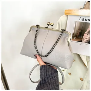 Detail of light gray lychee grain leather shell bag with metal clasp and chain strap