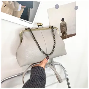Detail of grey lychee leather shell bag featuring vintage bronze kiss-lock and chain