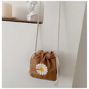 Women Bohemian Straw Bucket Bag With Daisy Embroidery Woven Drawstring Crossbody Shoulder Bag For Summer Vacation Party