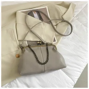 Detail of grey lychee textured shell bag with metal kiss lock and chain strap